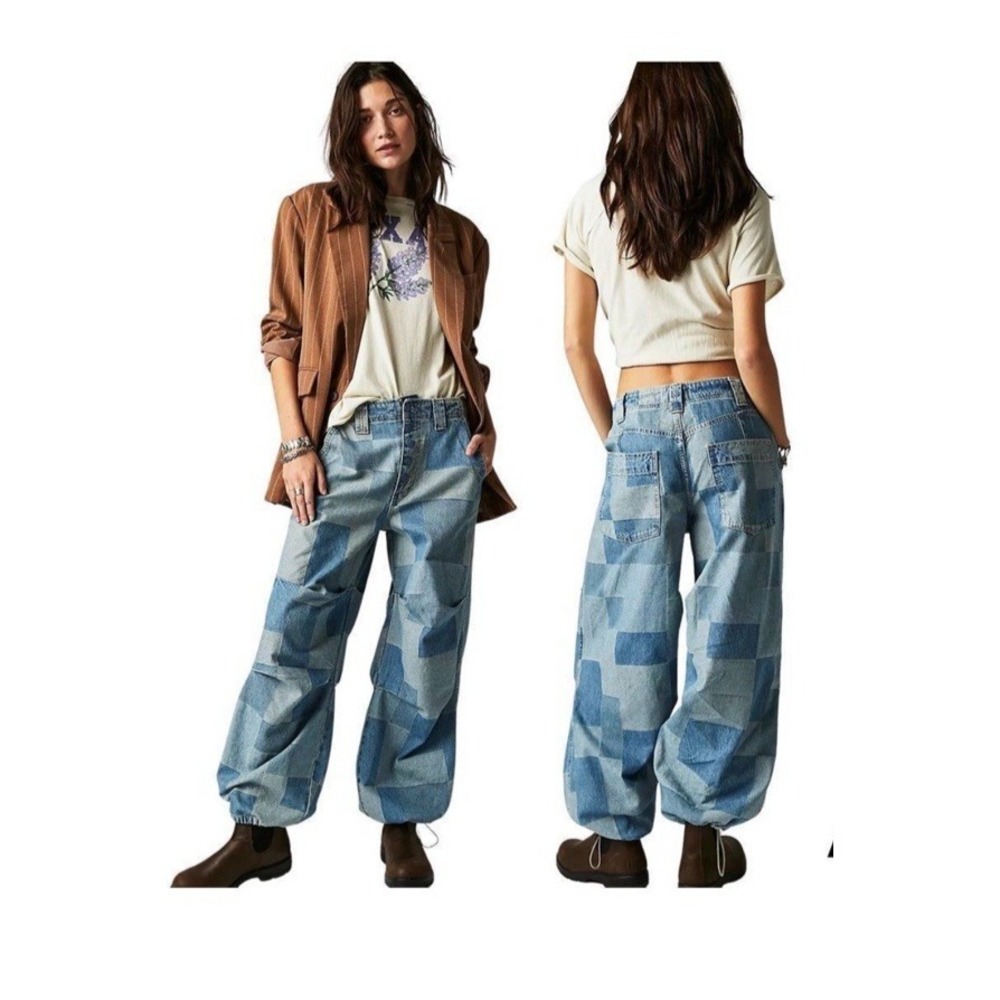 Free People We The Free Newbies Slouchy Wide Leg Jeans Patchwork Boho, Small